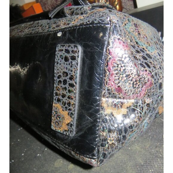 Sharif 1827 Black Metallic Floral Python Embossed Italian Leather Charm Satchel - Picture 8 of 16